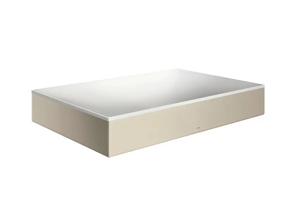 Waschbecken- und Badewannenaufsatz in brushed Nickel-Finish von AXOR, rechteckige Form mit flacher Oberfläche, ohne Hahnloch und Überlauf, auf einem hellen Hintergrund.